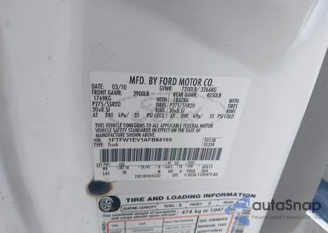 2010 Ford F-150 Fx4/Harley-Davidson/King Ranch/Lariat/Platinum/Xl/Xlt z USA, uszkodzony, nr VIN 1FTFW1EV1AFB84169